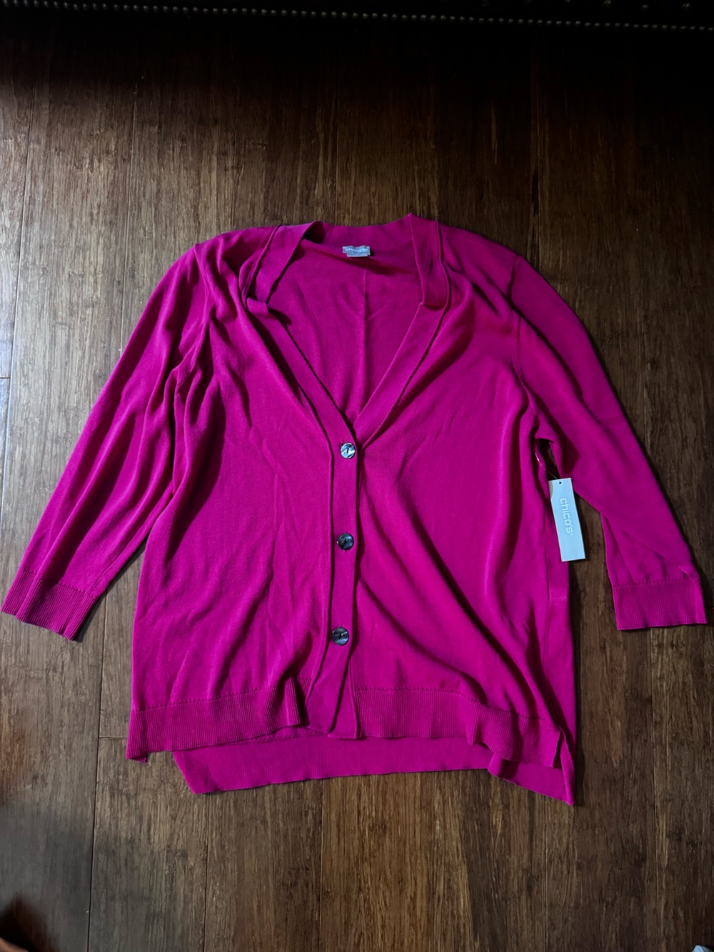 NWT Chico's Button-Front V-Neck 3/4 Sleeve Knit Cardigan Sweater Fuchsia Pink